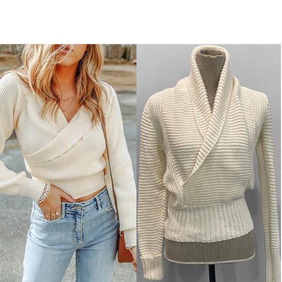 American Eagle Cream Knit Shawl Collar Wrap Sweater Medium Cozy Cottagecore - Picture 1 of 14